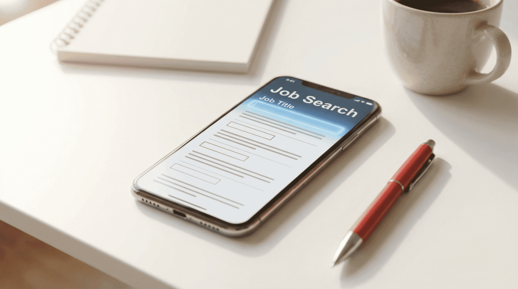 スマートフォンに表示された求人票と赤ペン