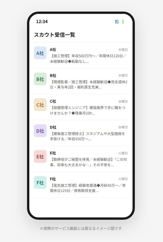 スカウト受信一覧のイメージ。件名に職種名が並んでいる画面