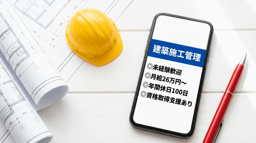 施工管理の求人票がスマートフォンに表示されている画像