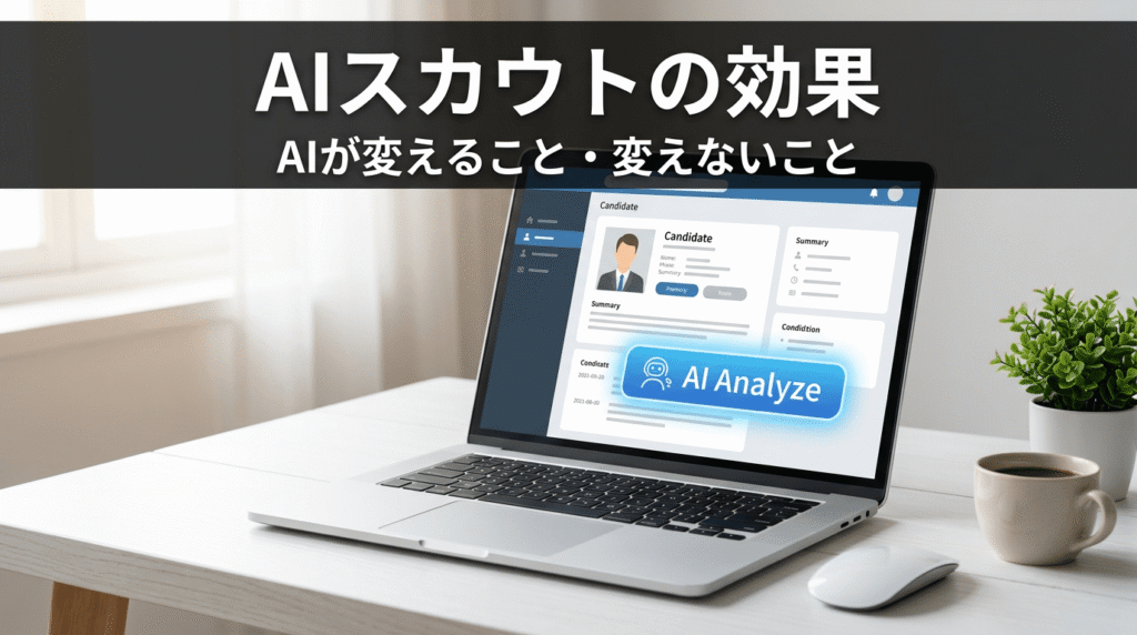 パソコン画面にAIスカウトの候補者分析画面が表示されているイメージ画像
