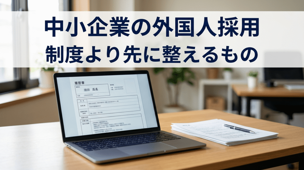 中小企業の外国人採用についてのアイキャッチ画像。デスクの上にノートPCと採用資料が置かれている