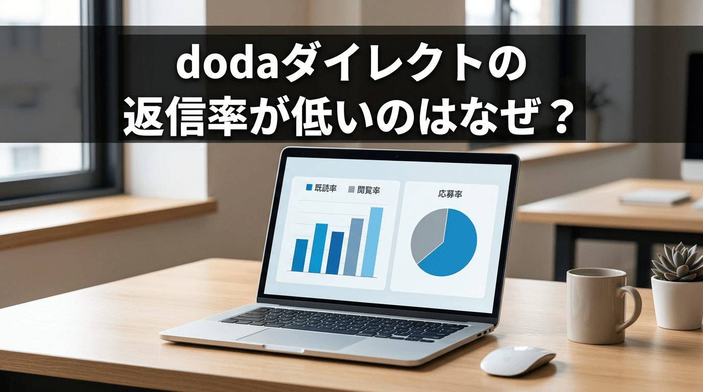 dodaダイレクトのダッシュボード画面が映ったノートパソコンと「dodaダイレクトの返信率が低いのはなぜ?」のテキスト
