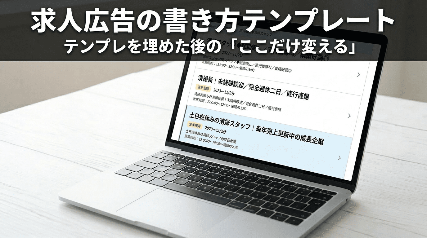 ノートPCの画面に求人サイトの検索結果が表示され、似たようなタイトルの中で1件だけ違うタイトルが青く目立っている
