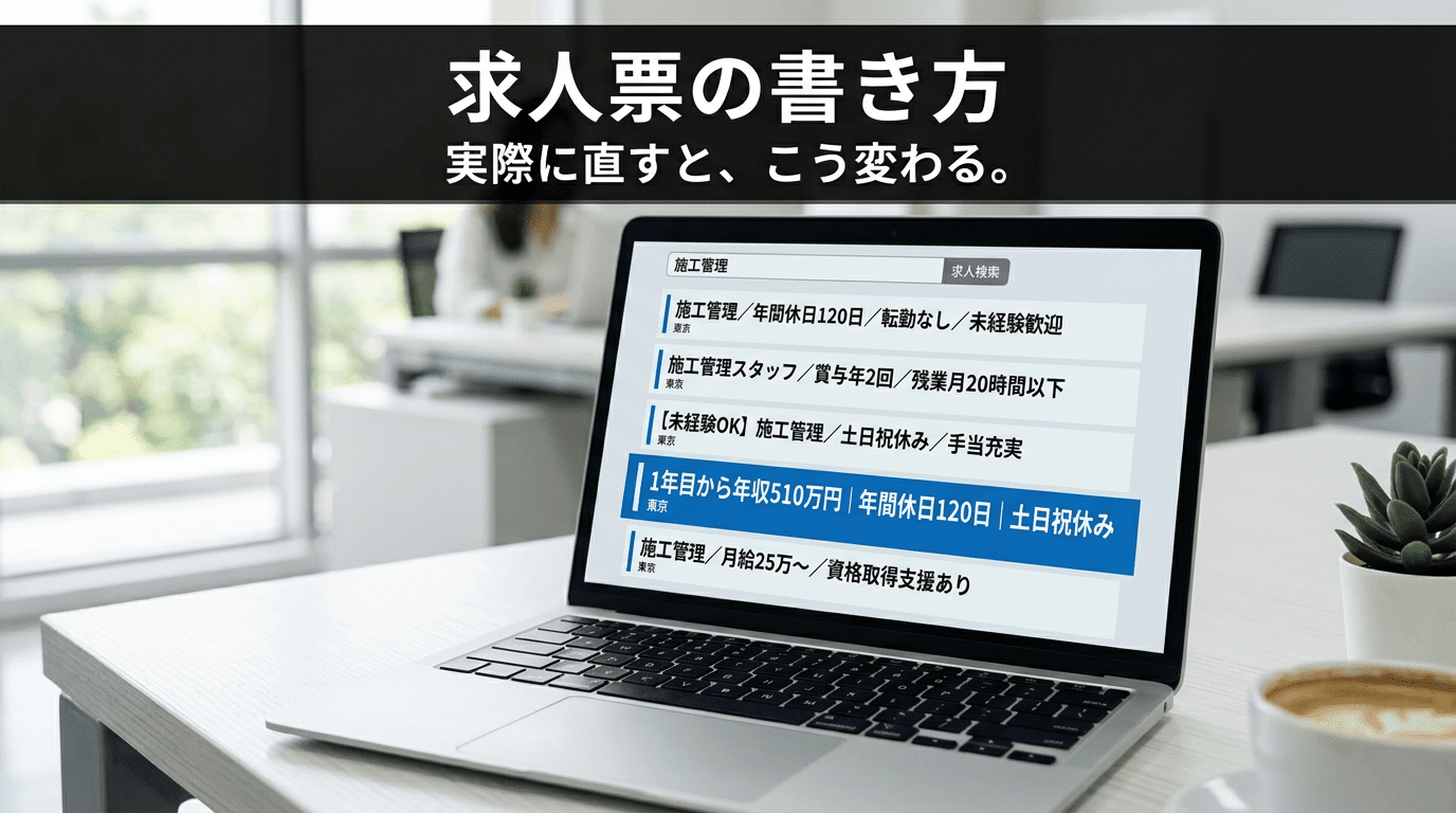 ノートPCの画面に求人サイトの検索結果が表示され、似たようなタイトルの中で1件だけ違うタイトルが青く目立っている
