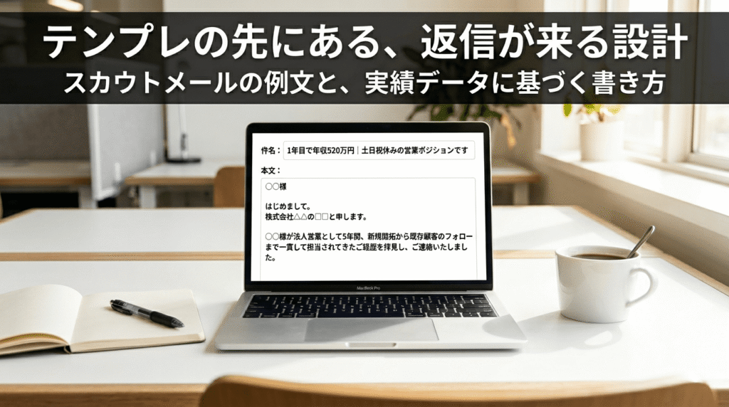 ノートPCにスカウトメールの作成画面が表示されているデスクの画像と「テンプレの先にある、返信が来る設計」のテキスト