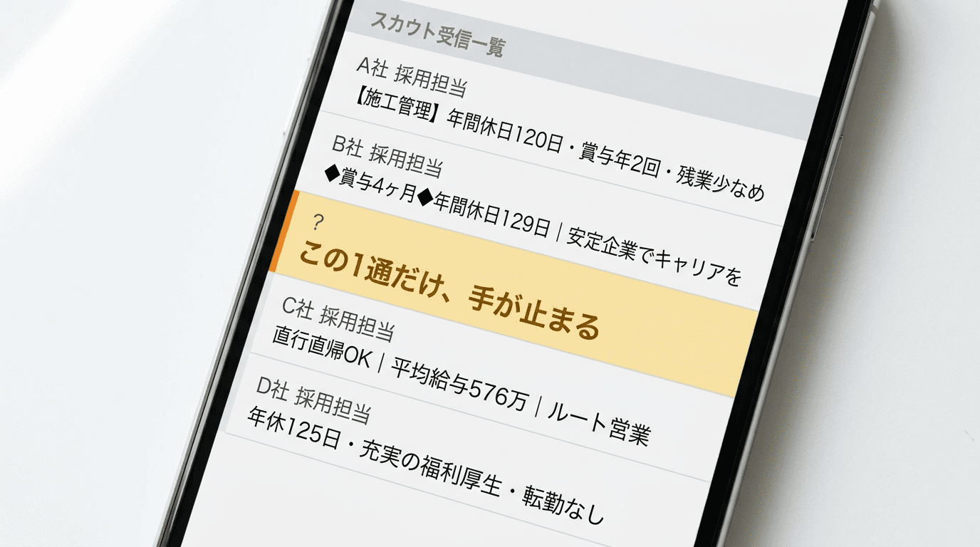 スマートフォンに表示されたスカウト受信一覧。5通の件名が並ぶ中で1通だけ黄色のハイライトで目立っている