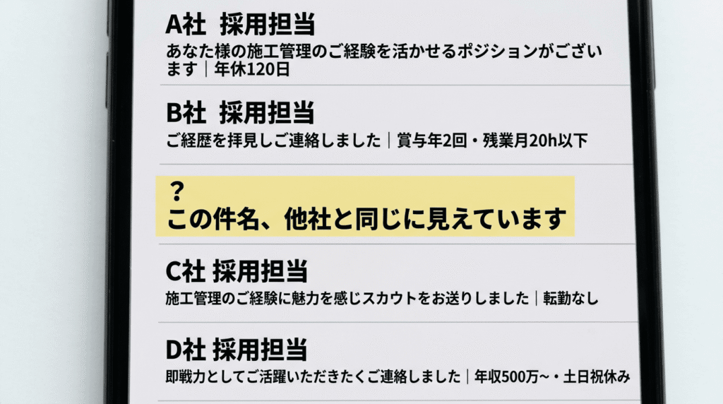 スカウトメールの受信一覧に似たような件名が並んでいるスマートフォン画面