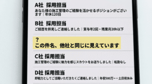 スカウトメールの受信一覧に似たような件名が並んでいるスマートフォン画面