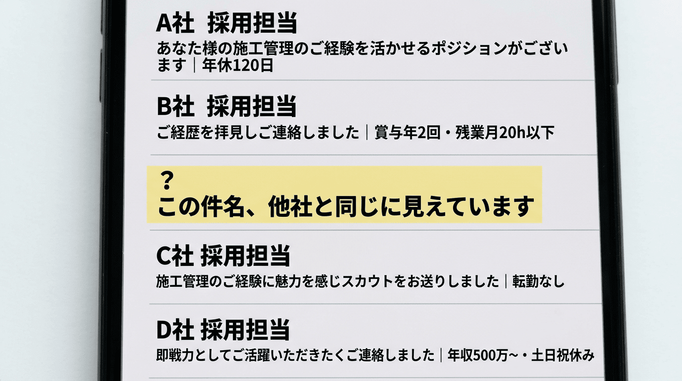 スカウトメールの受信一覧に似たような件名が並んでいるスマートフォン画面